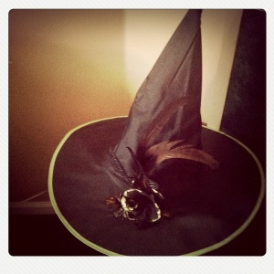 This lovely witches hat is decorated with a black and glitter rose, feathers, fabric (made rosettes), and gemstone looking beads. 