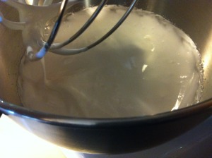 Second Stage: Soft Peak-even thicker than "Te Ribbon," when you lift your whisk the meringue will create a peak that will fall slightly