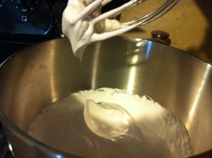 Final Stage: Hard Peak-also known as Stiff Peak, thickest stage of meringue, when whisk is lifted,  peak does not fall but instead holds its shape.